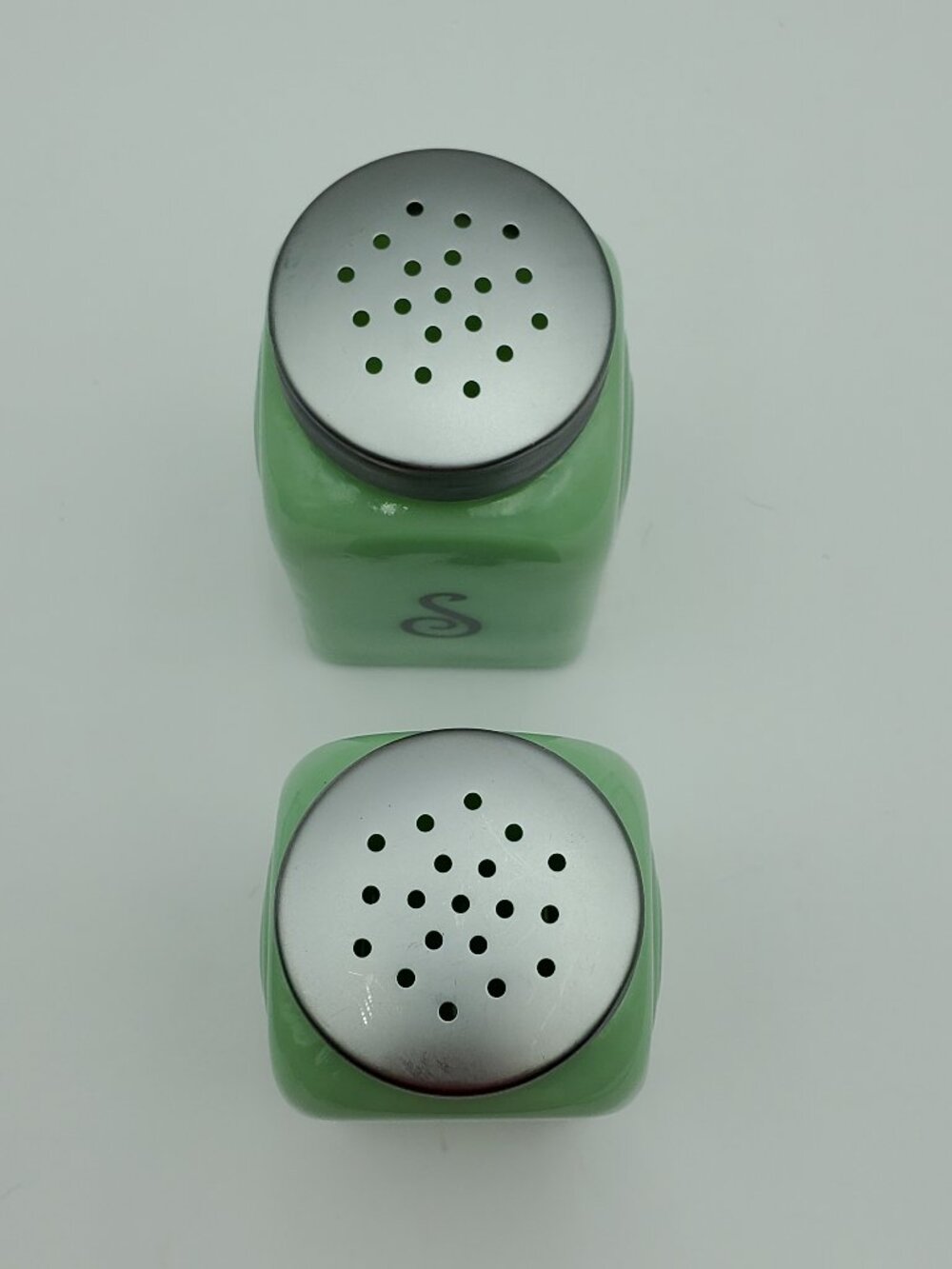 Jadeite Salt & Pepper Shakers Green Milk Glass Shaker Set with S & P Initials - Picture 3 of 8